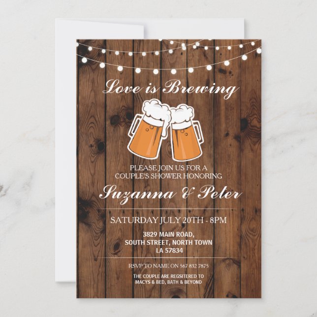 Love is Brewing Beers Wood Couple's Showers Invite (Front)