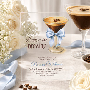 Love is Brewing Blue Bow Coffee Bridal Shower Acrylic Invitations