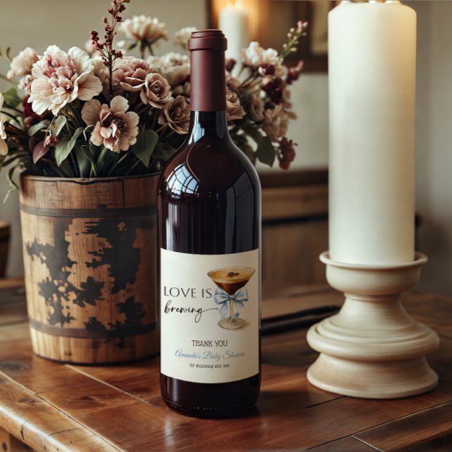 Love is Brewing Blue Coquette Bow Bridal Shower Wine Label (Creator Uploaded)