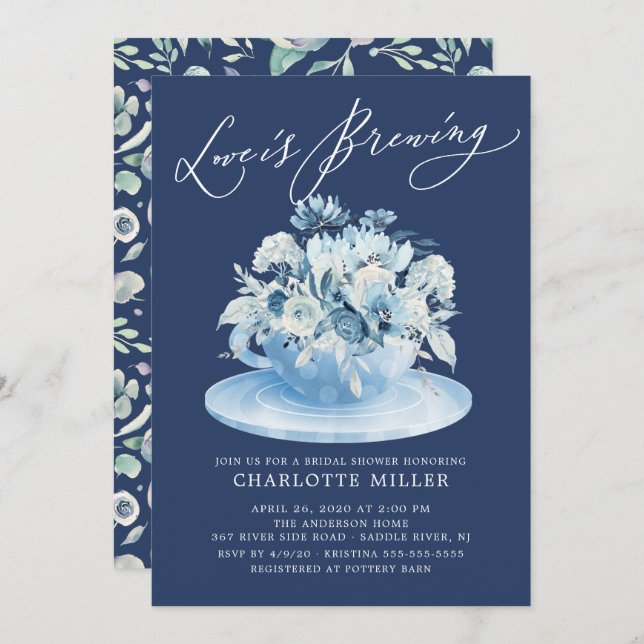 Love is Brewing Blue Floral Bridal Tea Shower Invitation (Front/Back)