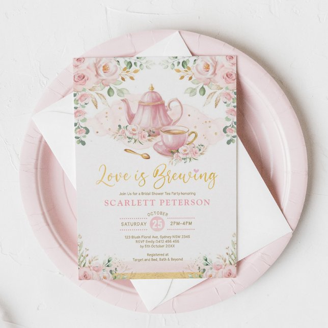 Love is Brewing Blush Flower Bridal Shower Tea Invitation (Creator Uploaded)