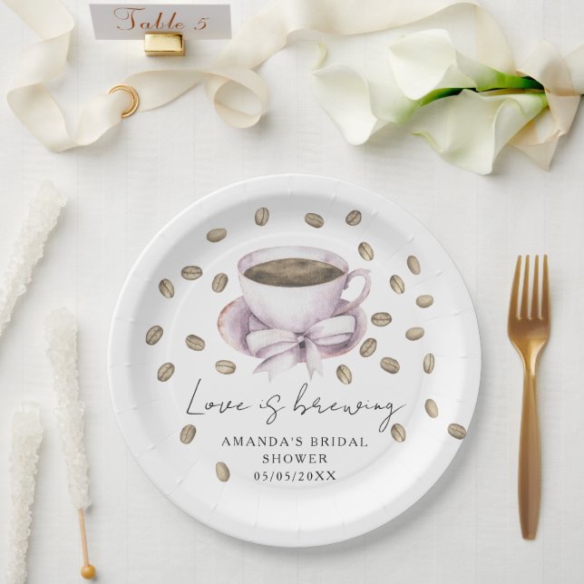 Love is brewing Bow Coffee Bridal shower Paper Plate (Wedding)