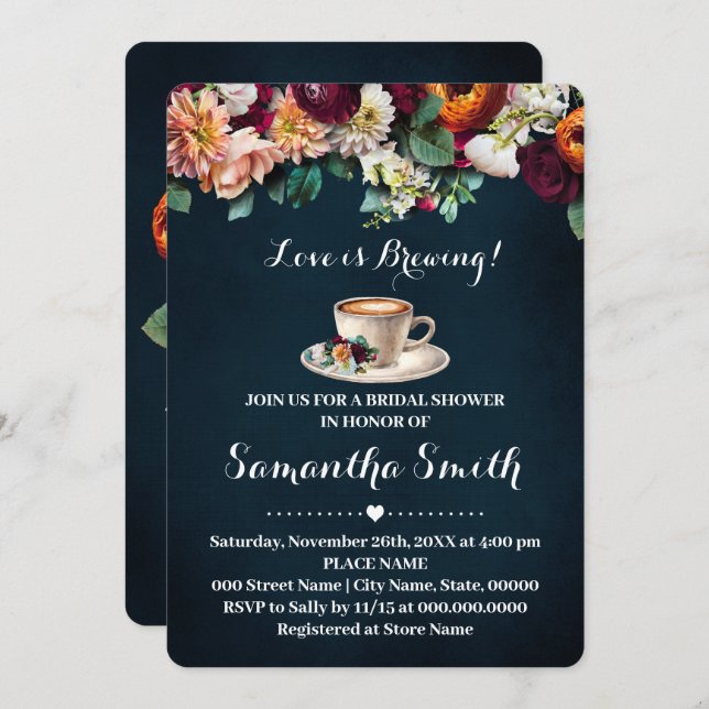 Love is Brewing Bridal Shower Coffee Flowers Invitation (Front/Back)