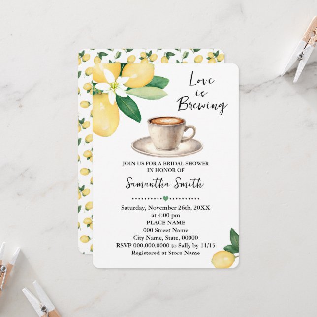 Love is Brewing Bridal Shower Coffee Lemons Invitation (Front/Back In Situ)