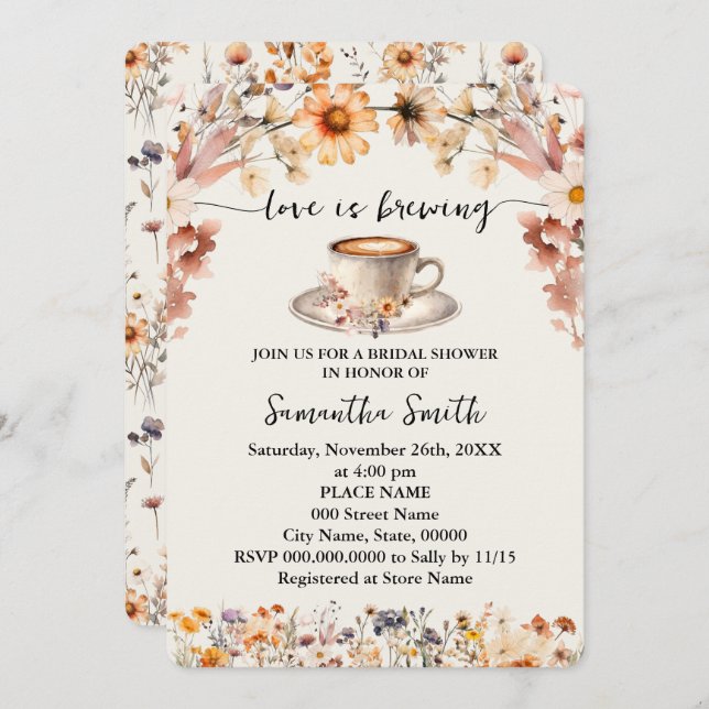Love is Brewing Bridal Shower Coffee Wildflowers Invitation (Front/Back)