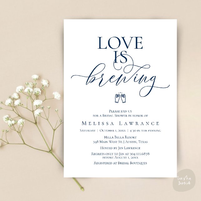Love Is Brewing Bridal Shower | Elegant Script Invitation (Love Is Brewing Bridal Shower | Elegant Script Invitation Card in Navy Blue)