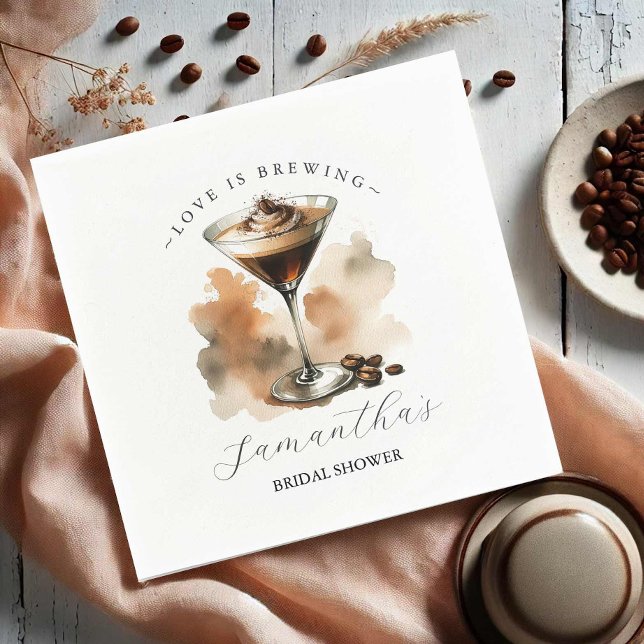 Love is Brewing Bridal Shower Espresso Martini Napkin (Bridal shower napkins coffee espresso martini theme illustrated art Do Tell A Belle)