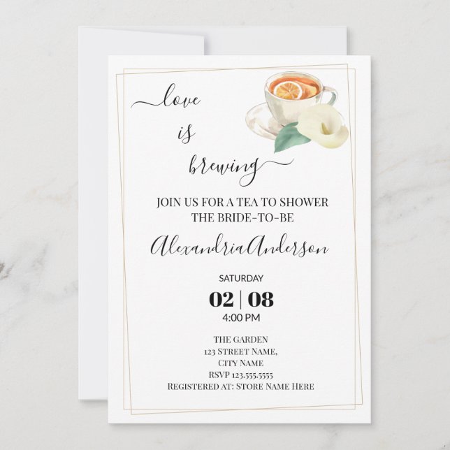 Love Is Brewing Bridal Shower Greenery Calla Lily Invitation (Front)