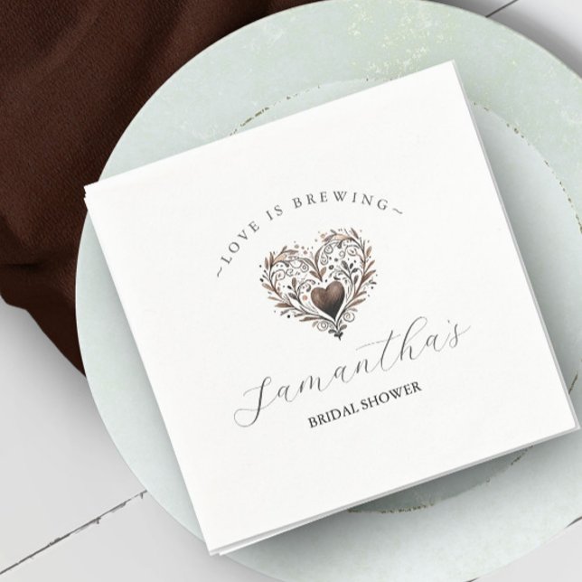 Love is Brewing Bridal Shower Napkin (Love is brewing bridal shower custom napkins by Victoria Grigaliunas heart and personalization.)