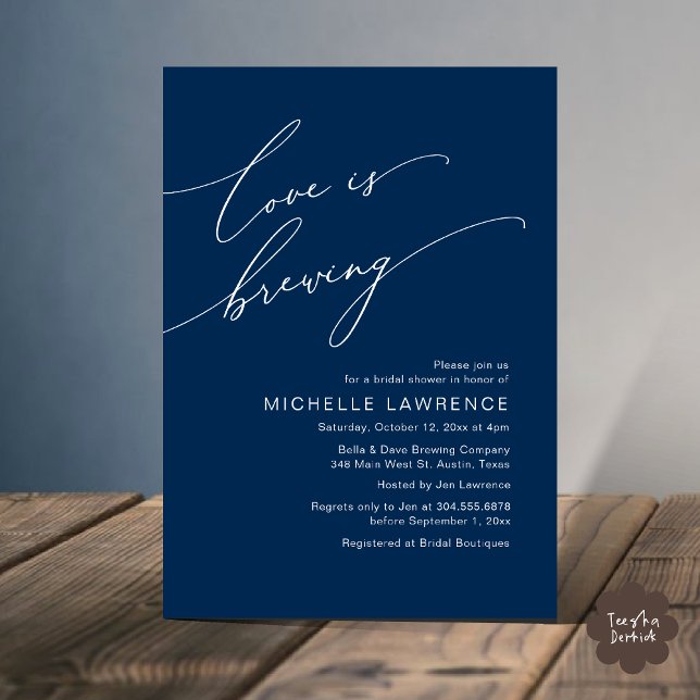 Love is Brewing, Bridal Shower Party Celebration Invitation (Love is Brewing, Bridal Shower Beer Party Wine Tasting Invitation Card PDF Contemporary Navy Blue)