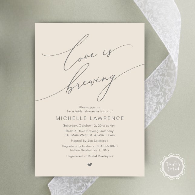 Love is Brewing, Bridal Shower Party Celebration Invitation (Love is Brewing, Bridal Shower Beer Party Wine Tasting Invitation Card PDF Contemporary Cream Grey)