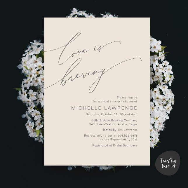 Love is Brewing, Bridal Shower Party Celebration Invitation (Love is Brewing, Bridal Shower Beer Party Wine Tasting Invitation Card PDF Contemporary Cream Grey)