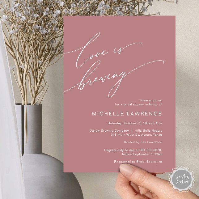 Love is Brewing, Bridal Shower Party Celebration Invitation (Love is Brewing, Bridal Shower Party Celebration Invitation Card, PDF, Dusty Rose Pink)