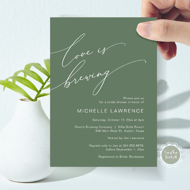 Love is Brewing, Bridal Shower Party Celebration Invitation (Love is Brewing, Bridal Shower Party Celebration Invitation Card, PDF, Forest Sage Green)