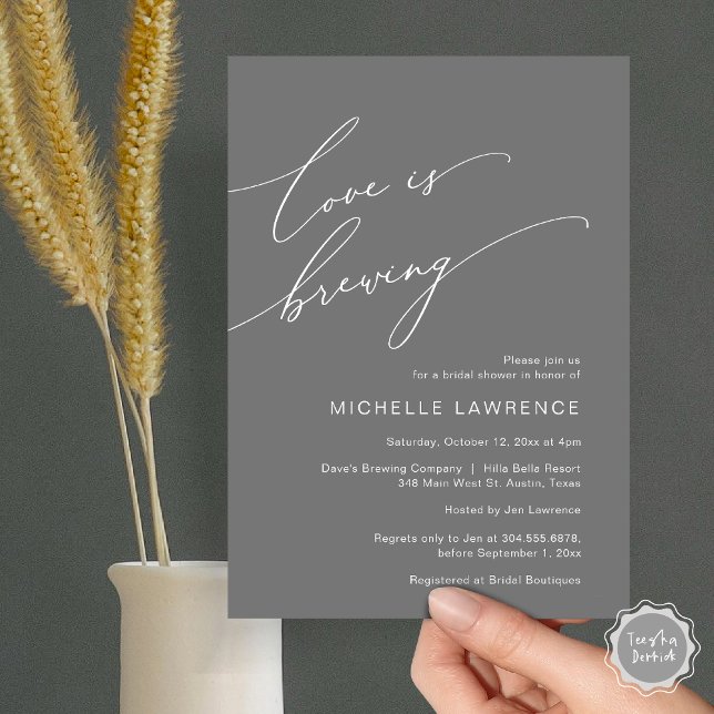 Love is Brewing, Bridal Shower Party Celebration Invitation (Love is Brewing, Bridal Shower Party Celebration Invitation Card, PDF, Dark Grey)