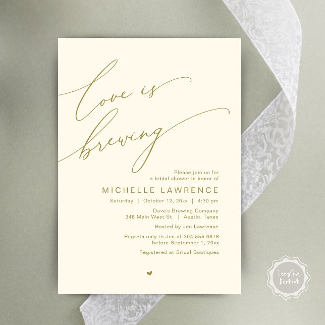 Love is Brewing, Bridal Shower Party Celebration Invitation (Love is Brewing, Bridal Shower Party Beer Wine Tasting Romantic Invites Card Charm Yellow Gold)