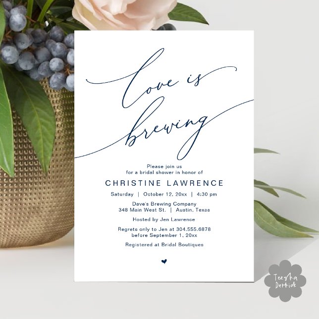 Love is Brewing, Bridal Shower Party Celebration Invitation (Love is Brewing, Bridal Shower Party Beer Wine Tasting Romantic Invites Card Charm Navy Blue)