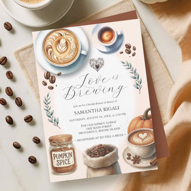 Love is Brewing Bridal Shower Pumpkin Spice Coffee Invitation (Fall bridal shower theme pumpkin spice invitations)