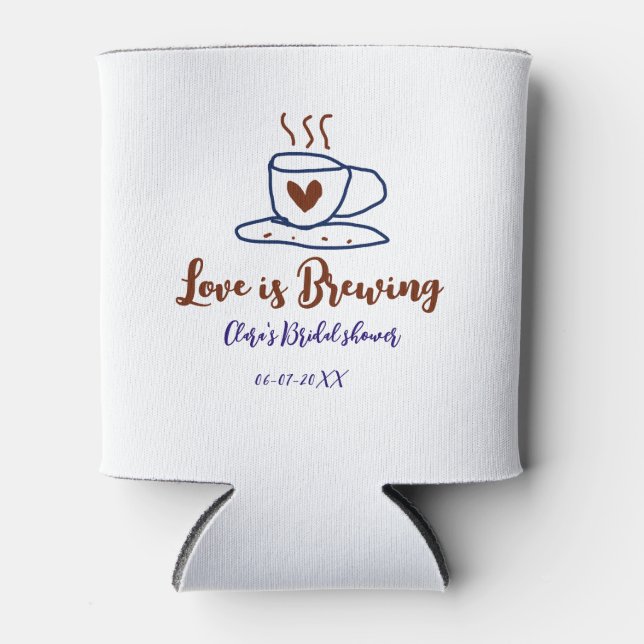 Love is Brewing brown blue bridal shower add name  Can Cooler (Front)
