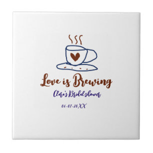 Love is Brewing brown blue bridal shower add name  Ceramic Tile