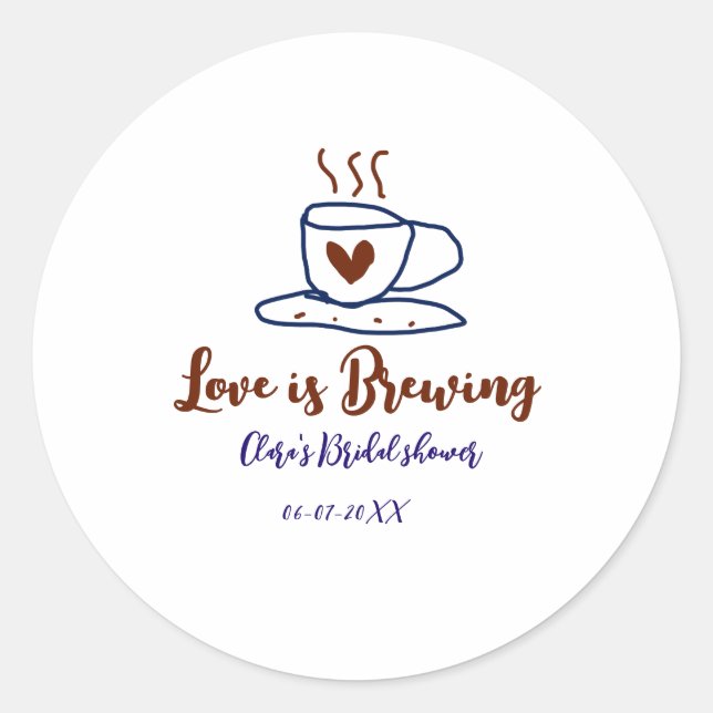 Love is Brewing brown blue bridal shower add name  Classic Round Sticker (Front)