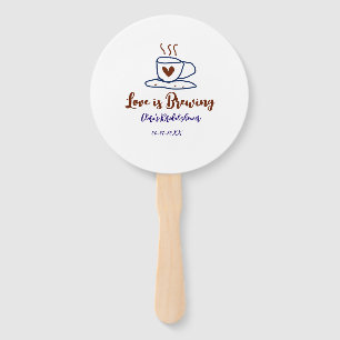 Love is Brewing brown blue bridal shower add name Hand Fan