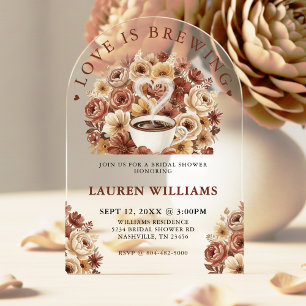 Love is Brewing Brown Floral Coffee Heart Bridal Acrylic Invitations