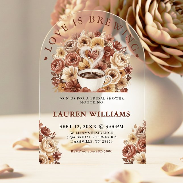 Love is Brewing Brown Floral Coffee Heart Bridal Acrylic Invitations (Creator Uploaded)