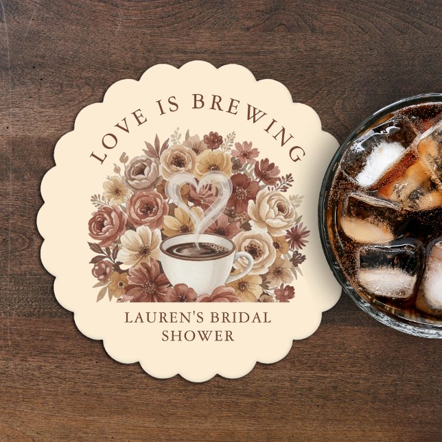 Love is Brewing Brown Floral Coffee Heart Bridal Paper Coaster (Love is Brewing Brown Floral Coffee Heart Bridal Paper Coaster
)