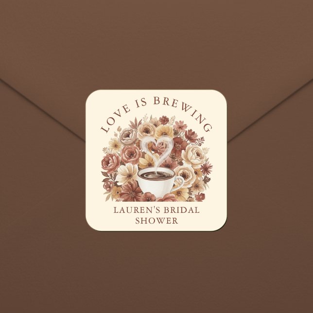 Love is Brewing Brown Floral Coffee Heart Bridal Square Sticker (Creator Uploaded)