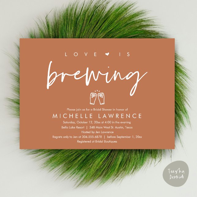 Love is brewing, Casual Beer Party Bridal Shower Invitation (Love is brewing, Modern Casual Romantic Beer Party Bridal Shower Invitation Card, PDF, Copper Brown)