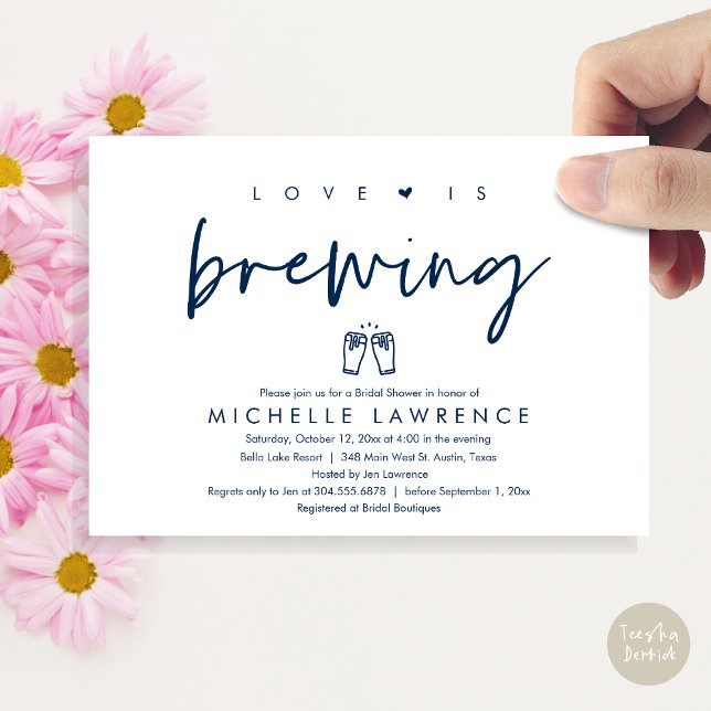 Love is brewing, Casual Beer Party Bridal Shower Invitation (Love is brewing, Modern Casual Romantic Beer Party Bridal Shower Invitation Card, PDF, Navy Blue)
