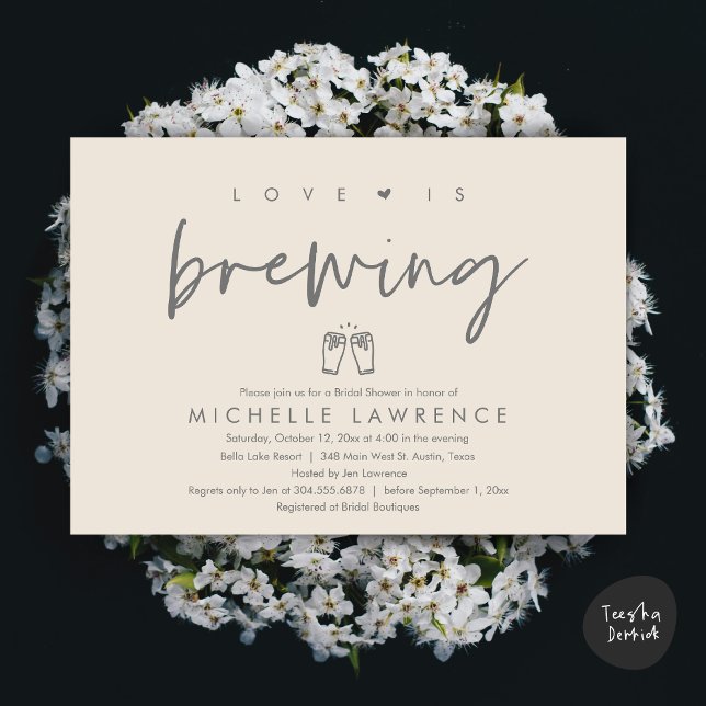 Love is brewing, Casual Beer Party Bridal Shower Invitation (Love is brewing, Modern Casual Romantic Beer Party Bridal Shower Invitation Card, PDF, Cream Grey)