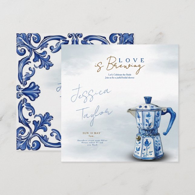 Love is Brewing Chinoiserie blue Bridal Shower Inv Invitation (Front/Back)