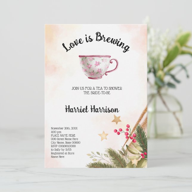 Love is Brewing Christmas Tea Bridal Shower Invita Invitation (Standing Front)