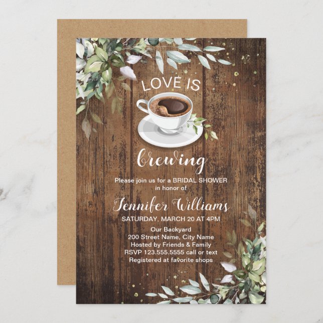 Love is brewing Coffee Bar Rustic Bridal Shower Invitation (Front/Back)