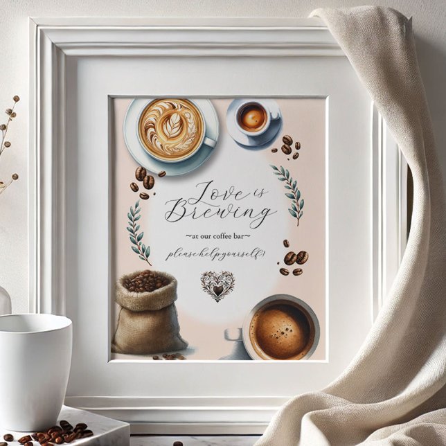 Love is Brewing Coffee Bar Tabletop Sign (Bridal shower supplies coffee bar sign Love is Brewing theme)