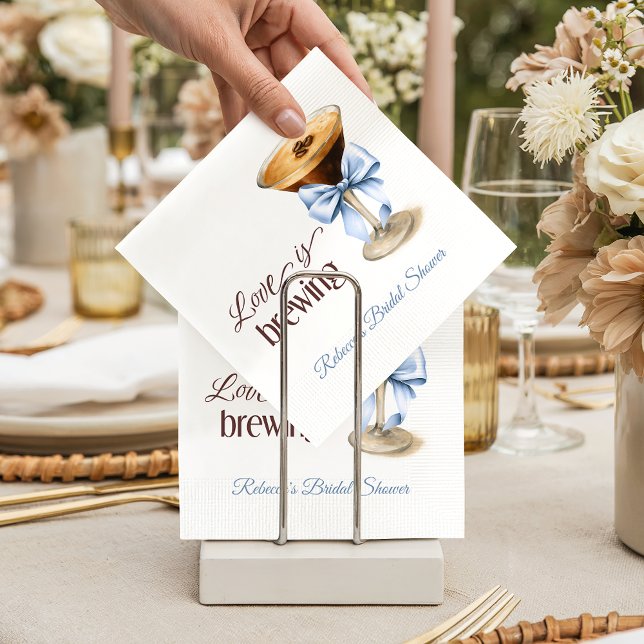 Love is Brewing Coffee Blue Bow Bridal Shower Napkin (Creator Uploaded)