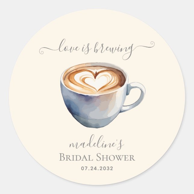 Love is Brewing Coffee Bridal Shower Classic Round Sticker (Front)