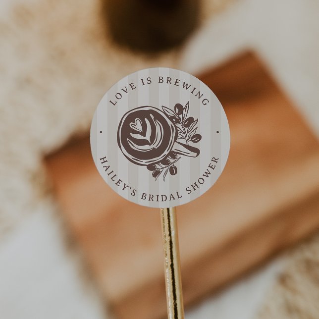 "Love is Brewing" Coffee Bridal Shower Favor Classic Round Sticker (Creator Uploaded)