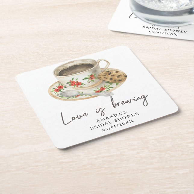 Love is brewing Coffee Bridal shower Square Paper Coaster (Angled)