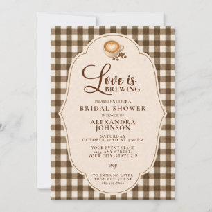 Love Is Brewing Coffee Brown Gingham Bridal Shower Invitation