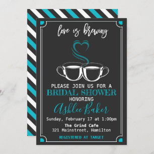 Love is Brewing Coffee Cups Chalkboard Turquoise  Invitation
