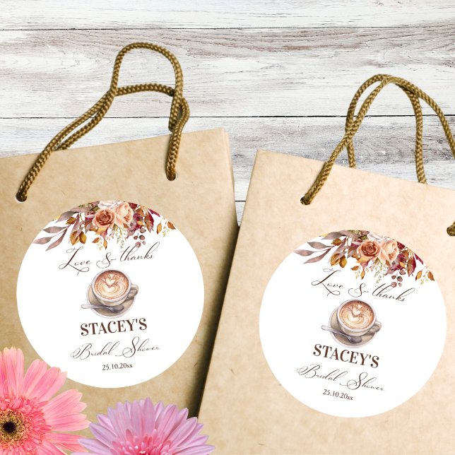 Love is brewing coffee fall bridal shower favour classic round sticker (Love is brewing coffee fall bridal shower thank you favor  sticker template)