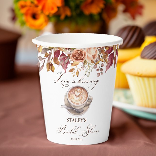 Love is brewing coffee fall bridal shower paper cups (Love is brewing coffee fall bridal shower monogram personalized paper cups tableware table decor)