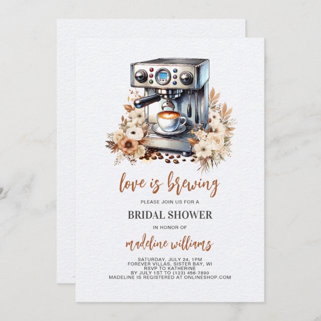 Love is Brewing Coffee Floral Bridal Shower Invitation (Front/Back)
