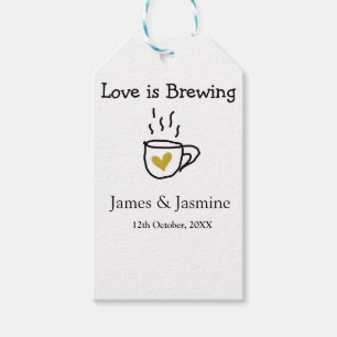 Love is Brewing coffee mug gold heart couple name Gift Tags