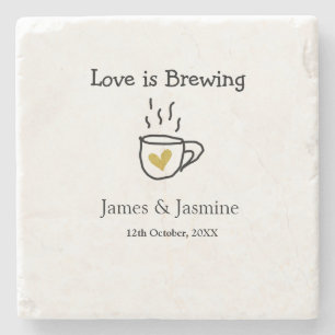 Love is Brewing coffee mug gold heart couple name Stone Coaster