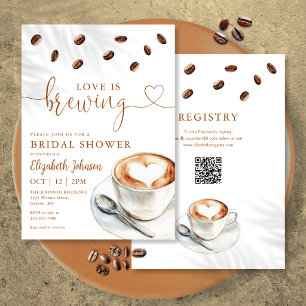 Love Is Brewing Coffee QR Code Bridal Shower Invitation