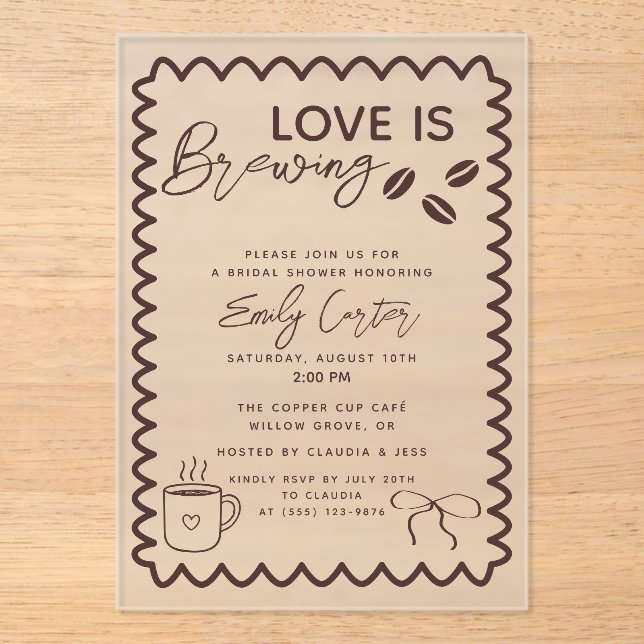 Love is Brewing Coffee Theme Bridal Shower Acrylic Invitations (Front)